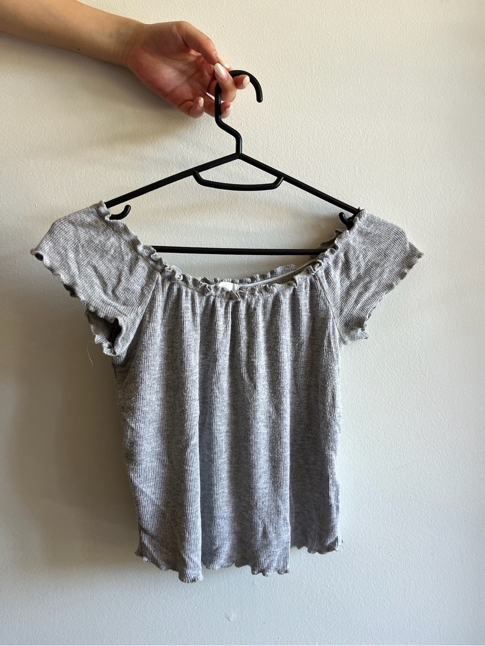 Garage Gray Ribbed Off-Shoulder Short Sleeve Top